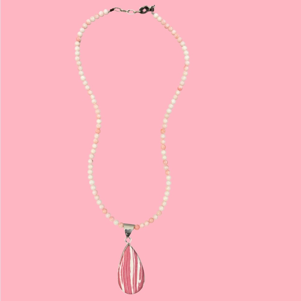 RHODOCROSITE Pink Beaded Necklace with Teardrop RHODOCROSITE Pendant